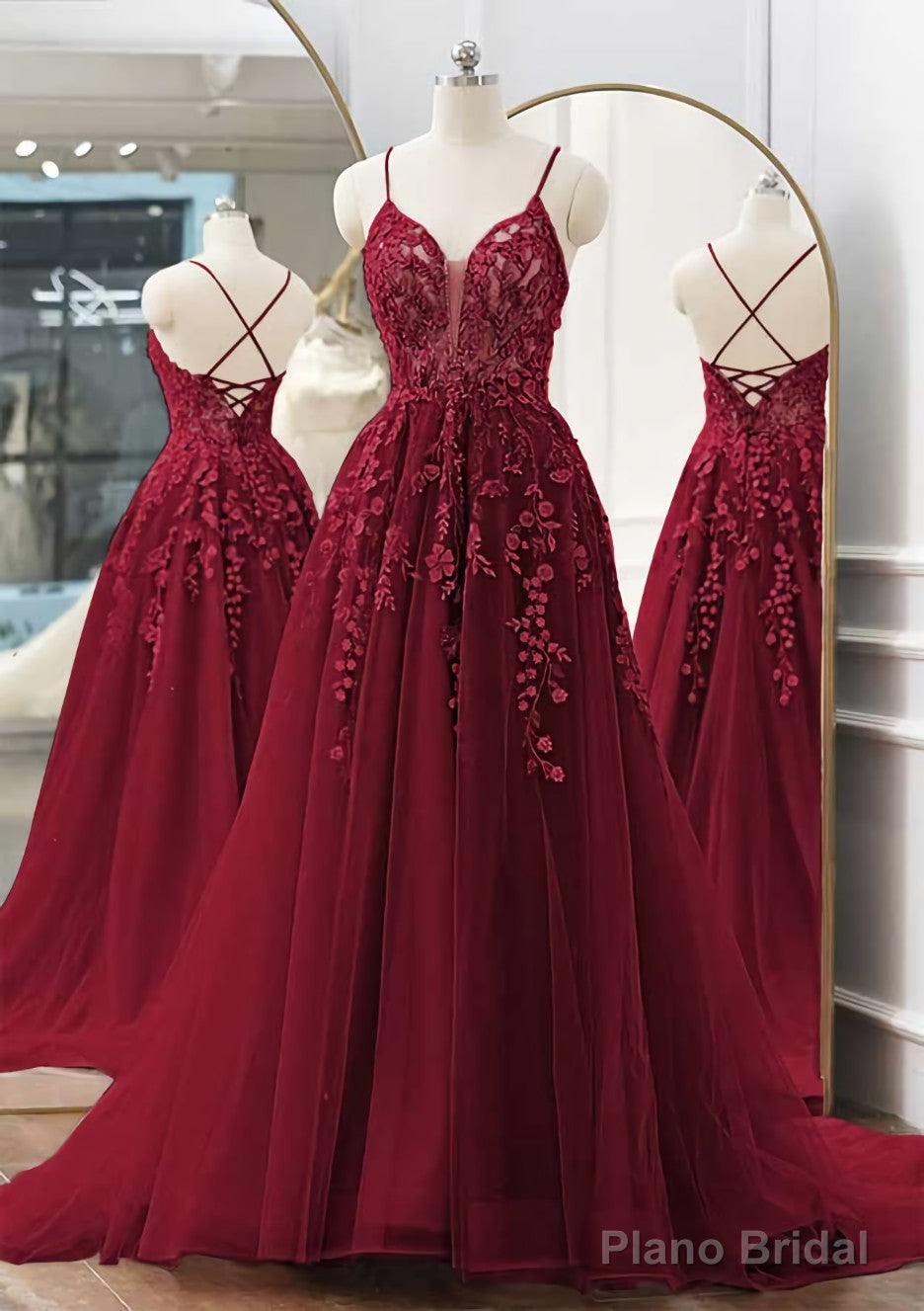 A-line V Neck Spaghetti Straps Sweep Train Tulle Prom Dresses With Appliqued Beading