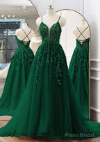 A-line V Neck Spaghetti Straps Sweep Train Tulle Prom Dresses With Appliqued Beading