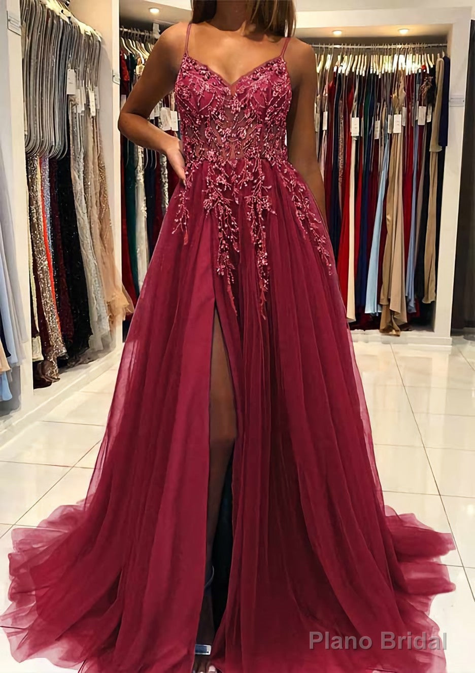 A-line V Neck Spaghetti Straps Sweep Train Tulle Prom Dresses With Beading Sequins Split