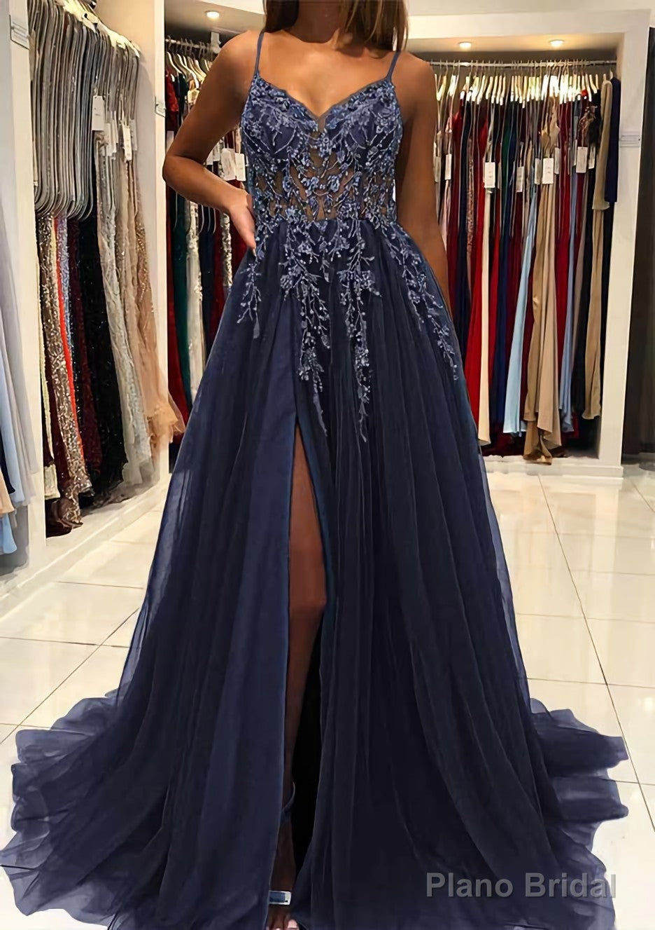 A-line V Neck Spaghetti Straps Sweep Train Tulle Prom Dresses With Beading Sequins Split Secondary image