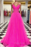 A-line V Neck Spaghetti Straps Sweep Train Tulle Formal Prom Dresses With Pleated