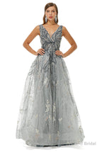 A-line V-neck Strap Lace Sequined Beaded Open Back Floor-length Prom Dresses