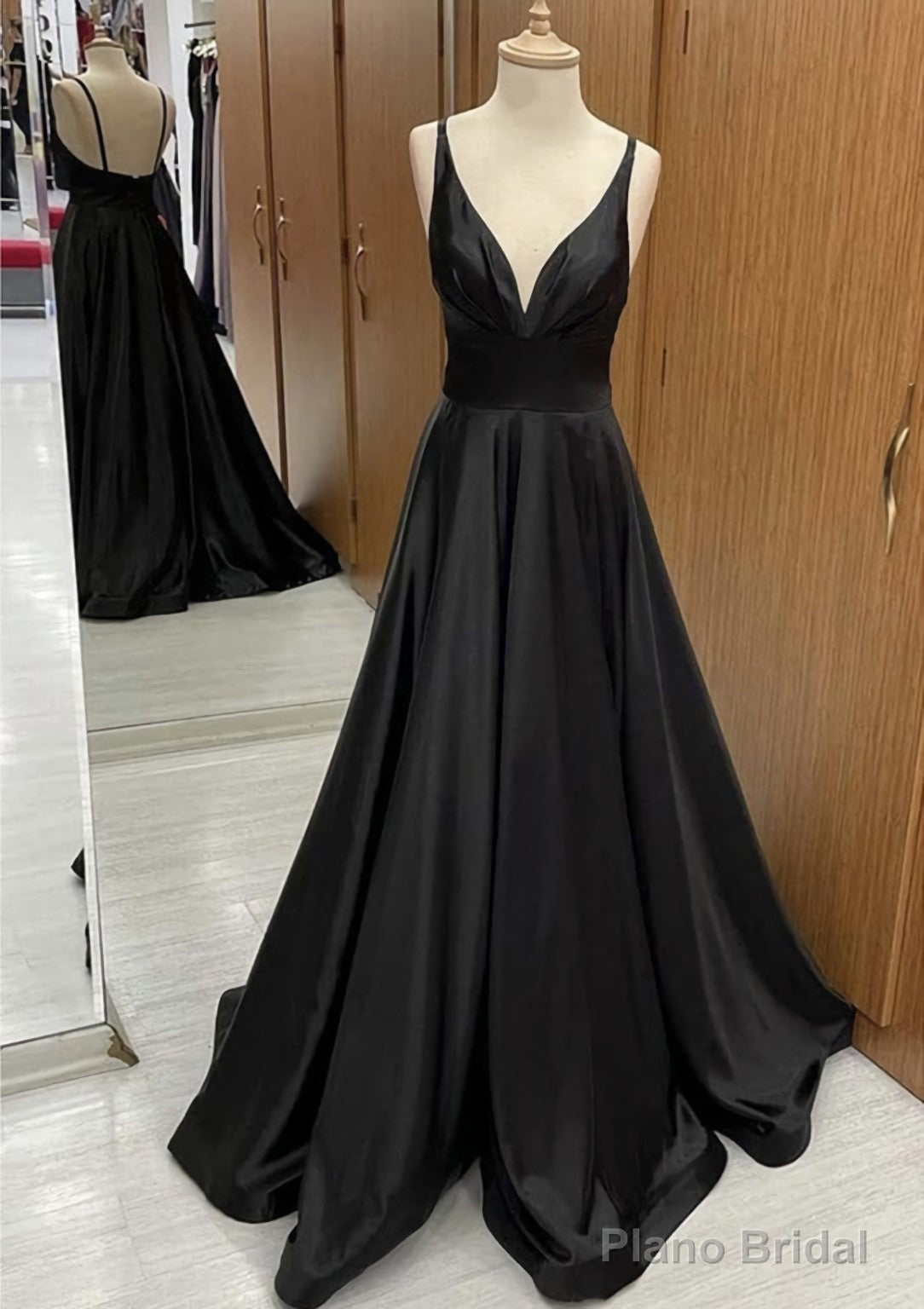 A-line V Neck Sweep Train Satin Prom Dresses With Pleated Main image