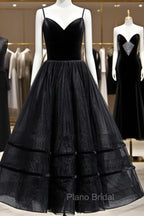 A Line V Neck Tea Length Black Velvet Formal Prom Dresses, Black Tea Length Graduation Homecoming Dresses