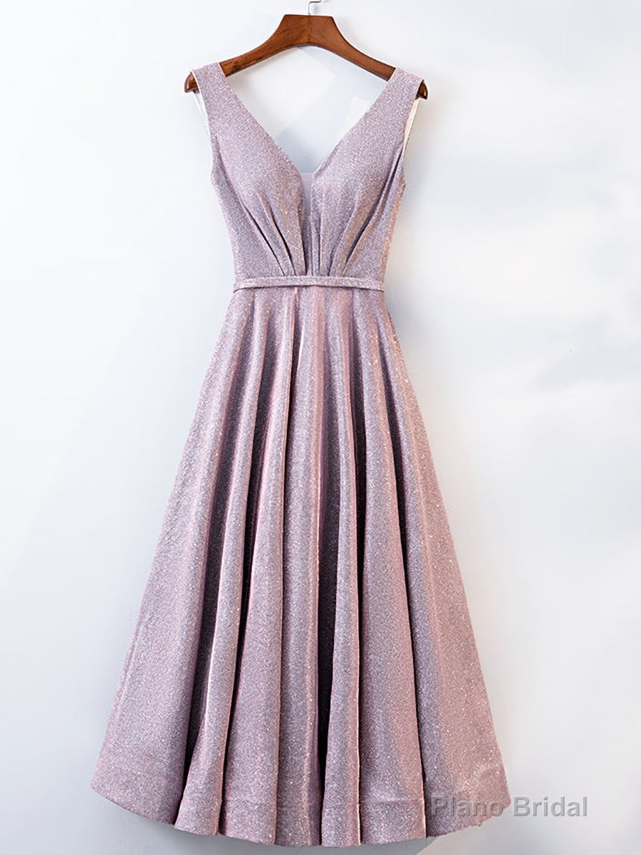 A Line V Neck Tea Length Gray/Pink Prom Dresses, Shiny Tea Length Formal Dresses Secondary image