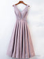 A Line V Neck Tea Length Gray/Pink Prom Dresses, Shiny Tea Length Formal Dresses