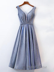 A Line V Neck Tea Length Formal Prom Dresses, Shiny Tea Length Formal Evening Dresses