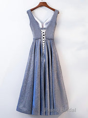 A Line V Neck Tea Length Formal Prom Dresses, Shiny Tea Length Formal Evening Dresses