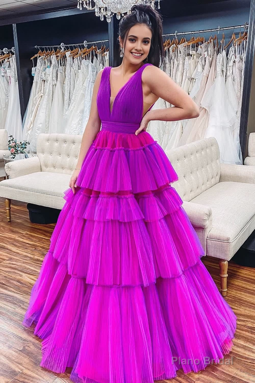 A-Line V Neck Tiered Tulle Prom Dress Main image