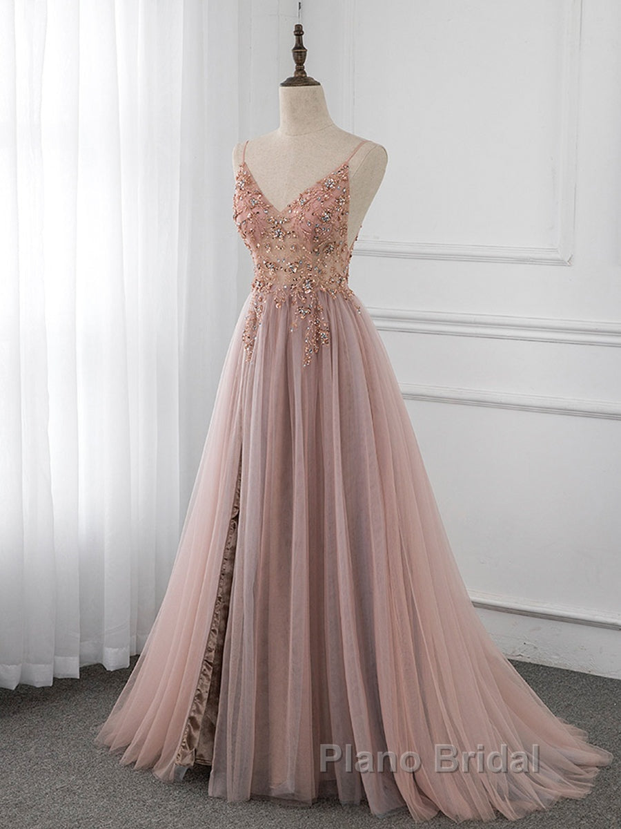 A-Line V Neck Tulle Beading Pink Long Formal Prom Dresses. Pink Formal Dresses Secondary image