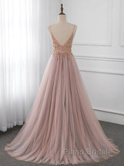 A-Line V Neck Tulle Beading Pink Long Formal Prom Dresses. Pink Formal Dresses