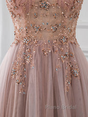 A-Line V Neck Tulle Beading Pink Long Formal Prom Dresses. Pink Formal Dresses