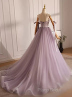 A-Line V Neck Tulle Beads Purple Long Formal Prom Dresses, Purple Long Formal Dresses
