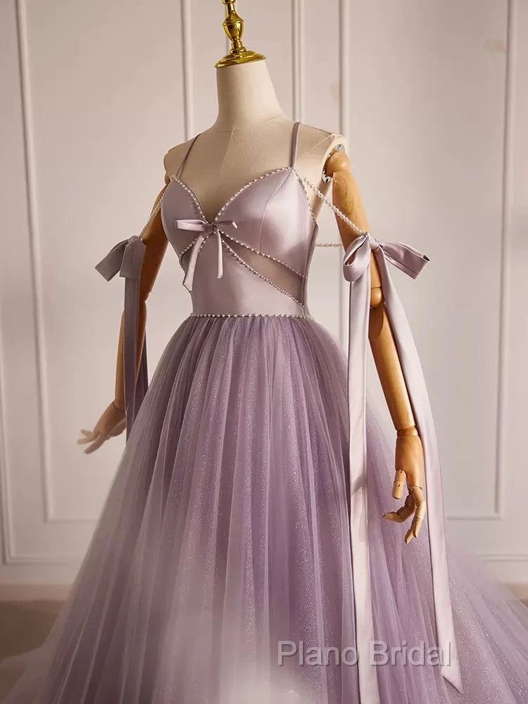 A-Line V Neck Tulle Beads Purple Long Formal Prom Dresses, Purple Long Formal Dresses