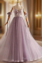 A-Line V Neck Tulle Beads Purple Long Formal Prom Dresses, Purple Long Formal Dresses