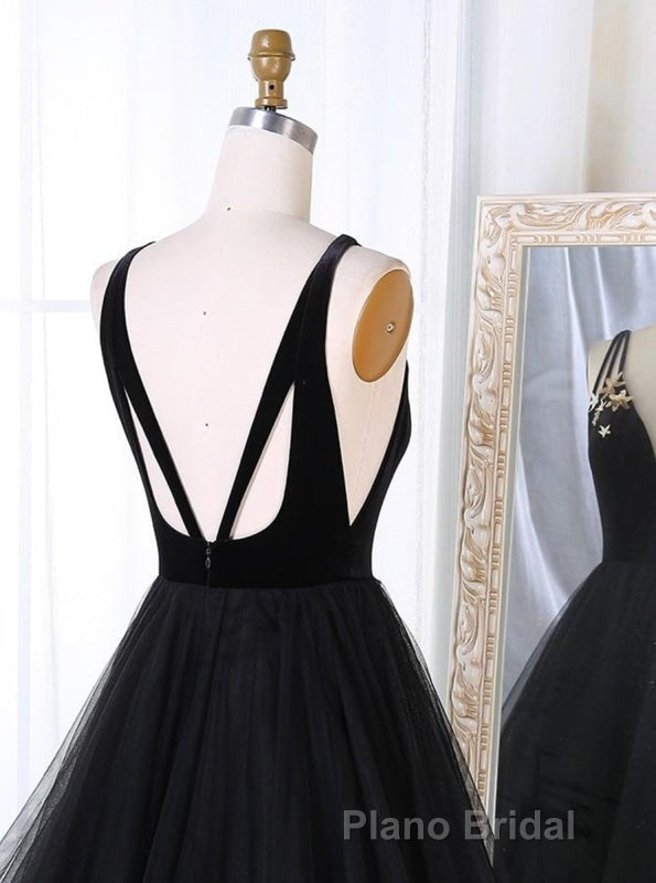 A Line V Neck Tulle Black Ball Gown, Black Formal Prom, Black Formal