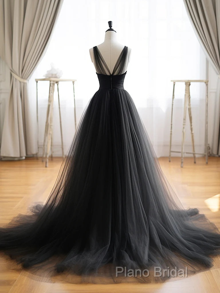 A-Line V Neck Tulle Black Long Formal Prom Dresses