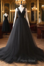 A-Line V Neck Tulle Black Long Formal Prom Dresses, Black Long Formal Dresses