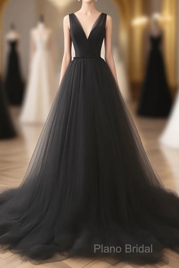 A-Line V Neck Tulle Black Long Formal Prom Dresses Main image
