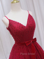 A-Line V Neck Tulle Burgundy Long Formal Prom Dresses, Burgundy Formal Dresses