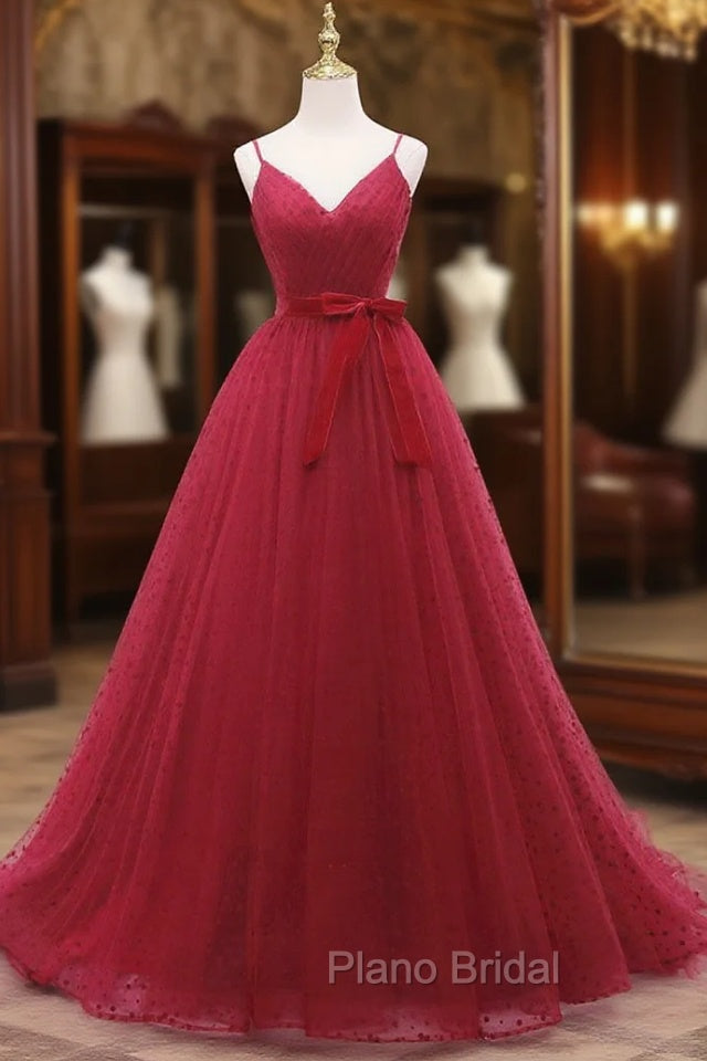 A-Line V Neck Tulle Burgundy Long Formal Prom Dresses, Burgundy Formal Dresses Main image