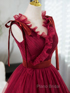 A-Line V Neck Tulle Burgundy Long Formal Prom Dresses, Burgundy Long Formal Dresses