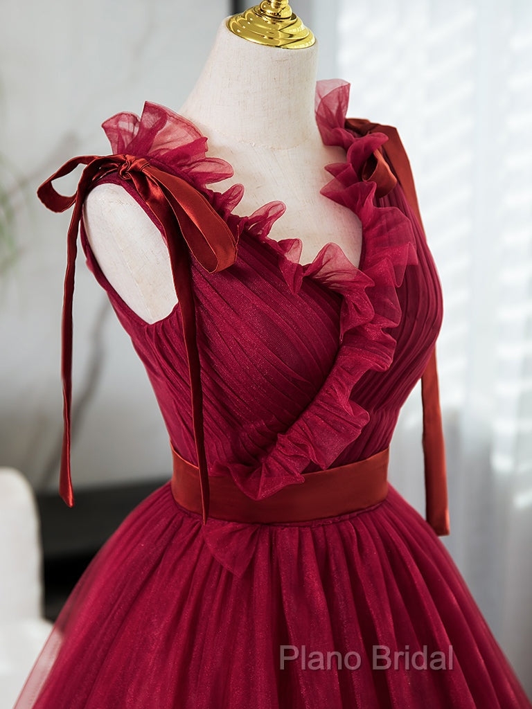 A-Line V Neck Tulle Burgundy Long Formal Prom Dresses, Burgundy Long Formal Dresses