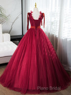 A-Line V Neck Tulle Burgundy Long Formal Prom Dresses, Burgundy Long Formal Dresses