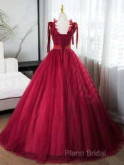 A-Line V Neck Tulle Burgundy Long Formal Prom Dresses, Burgundy Long Formal Dresses