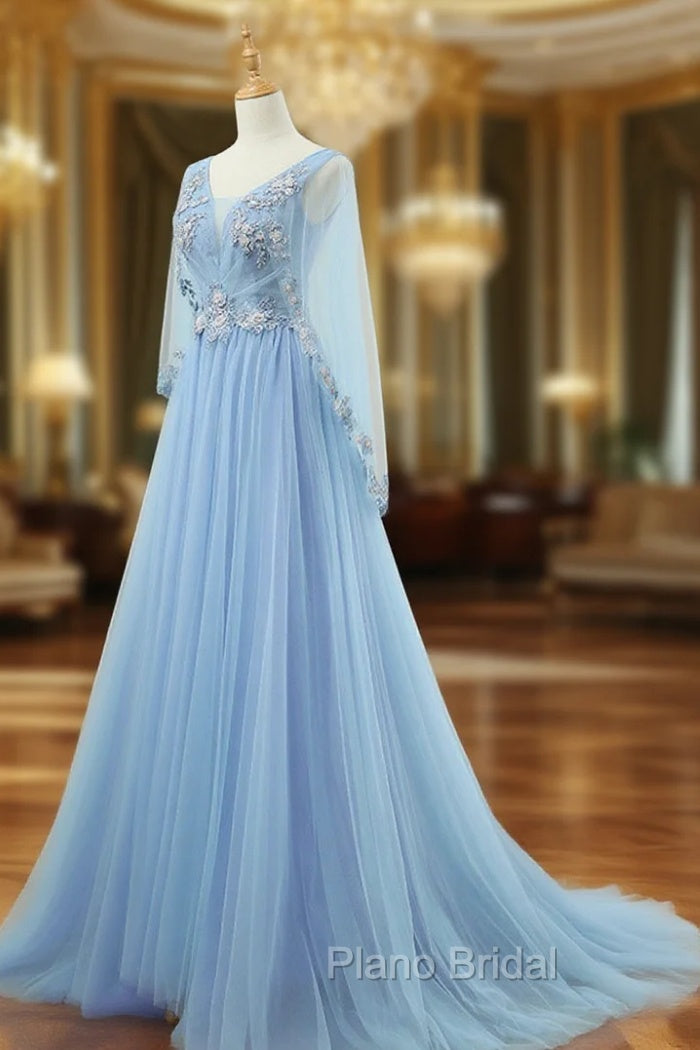 A-Line V Neck  Tulle Lace Blue Long Formal Prom Dresses, Blue Formal Evening Dresses Main image