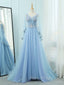 A-Line V Neck  Tulle Lace Blue Long Formal Prom Dresses, Blue Formal Evening Dresses