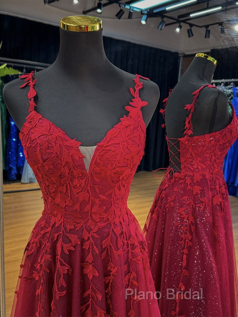 A-Line V Neck Tulle Lace Burgundy Long Formal Prom Dresses, Burgundy Long Formal Dresses Secondary image