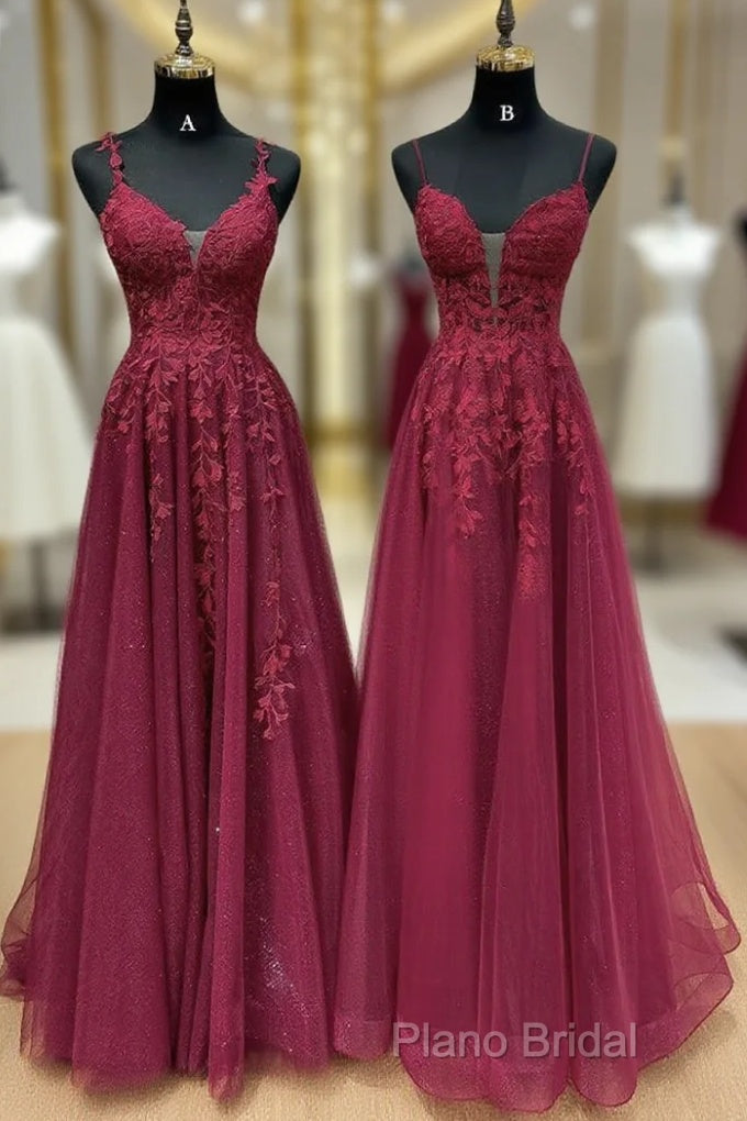 A-Line V Neck Tulle Lace Burgundy Long Formal Prom Dresses, Burgundy Long Formal Dresses Main image