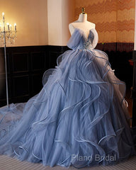 A-Line V Neck Tulle Lace Gray Blue Long Formal Prom Dresses, Blue Long Sweet 16 Dresses