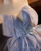 A-Line V Neck Tulle Lace Gray Blue Long Formal Prom Dresses, Blue Long Sweet 16 Dresses