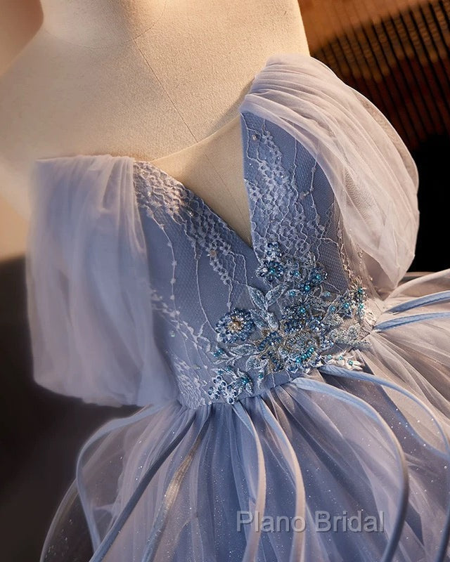 A-Line V Neck Tulle Lace Gray Blue Long Formal Prom Dresses, Blue Long Sweet 16 Dresses