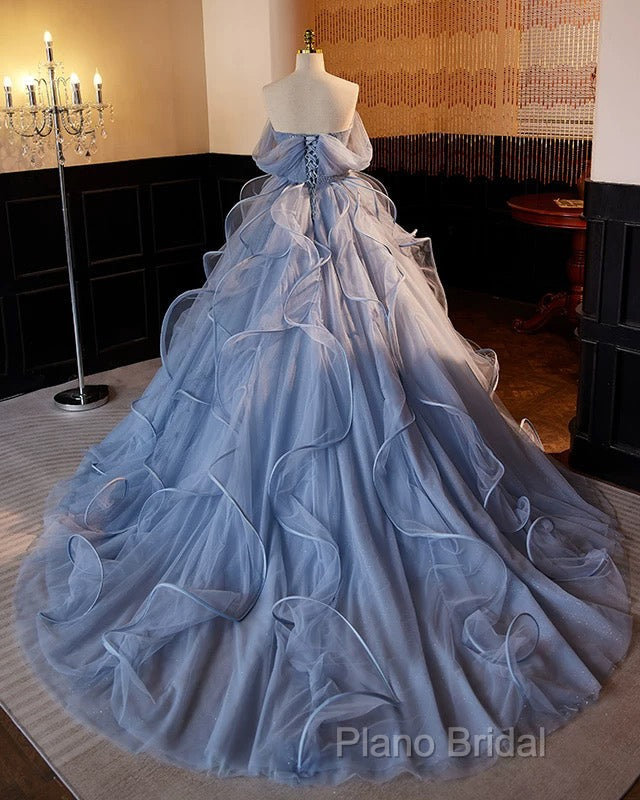 A-Line V Neck Tulle Lace Gray Blue Long Formal Prom Dresses, Blue Long Sweet 16 Dresses