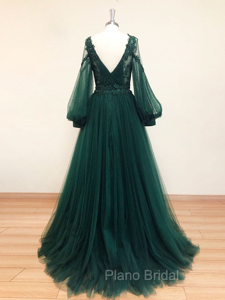 A-Line V Neck Tulle Lace Green Long Formal Prom Dresses, Green Formal Evening Dresses Secondary image