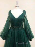 A-Line V Neck Tulle Lace Green Long Formal Prom Dresses, Green Formal Evening Dresses