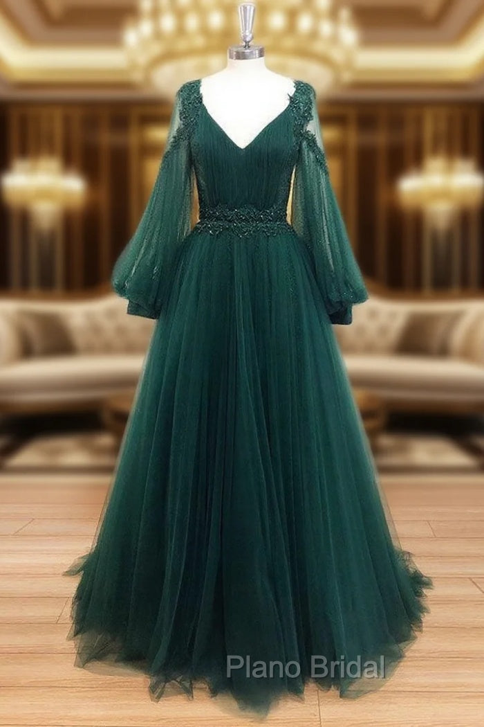 A-Line V Neck Tulle Lace Green Long Formal Prom Dresses, Green Formal Evening Dresses Main image