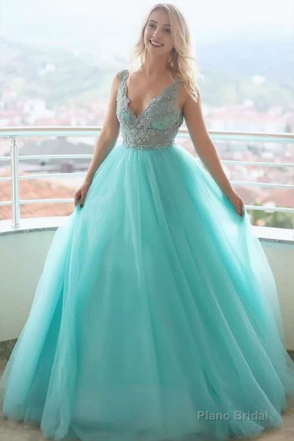 A-line V neck Tulle Lace Long Prom Dress Evening Dress Main image