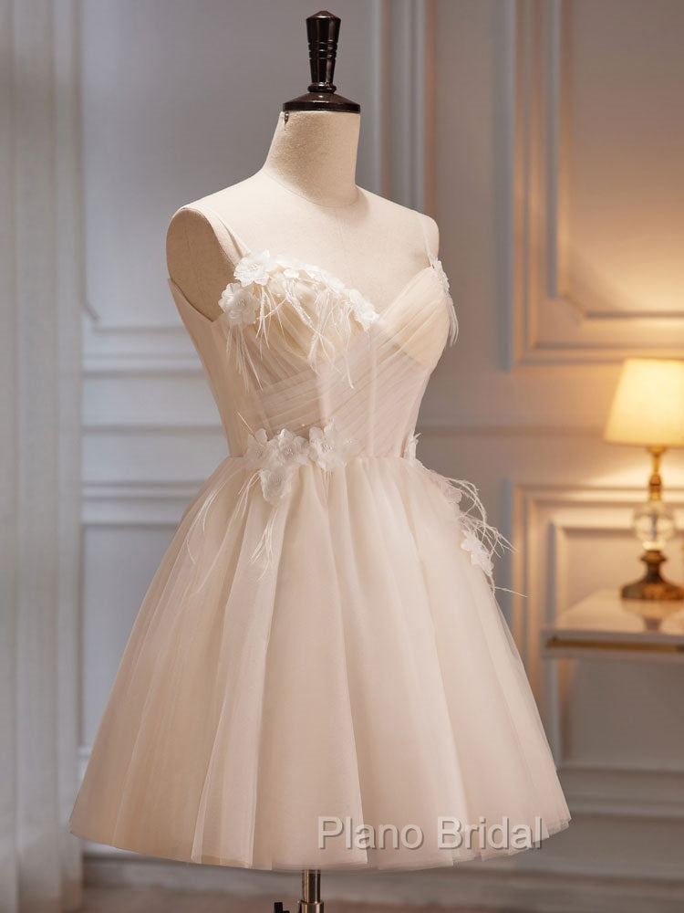 A-Line V Neck Tulle Light Champagne Short Formal Prom Dresses, Champagne Homecoming Dresses