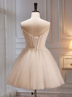 A-Line V Neck Tulle Light Champagne Short Formal Prom Dresses, Champagne Homecoming Dresses