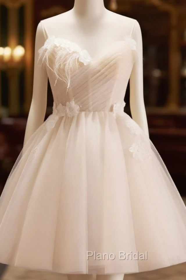 A-Line V Neck Tulle Light Champagne Short Formal Prom Dresses, Champagne Homecoming Dresses