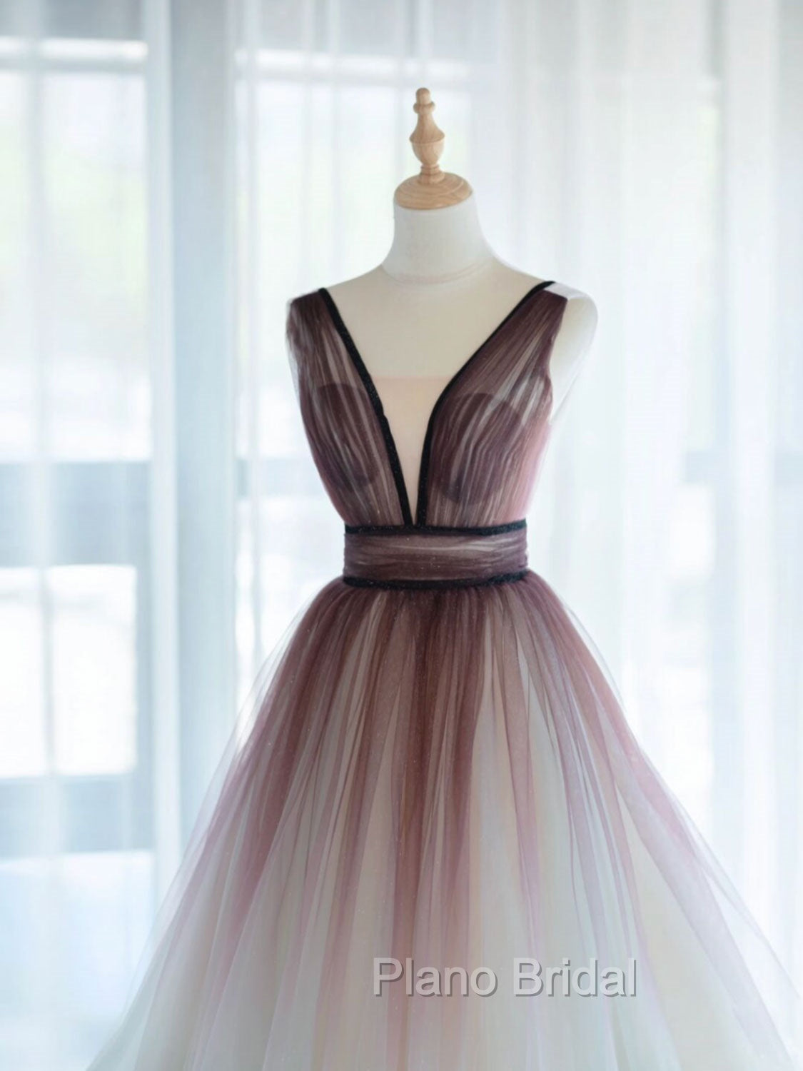A-Line V Neck Tulle Long Brown Formal Prom Dresses, Tulle Long Evening Dresses Secondary image