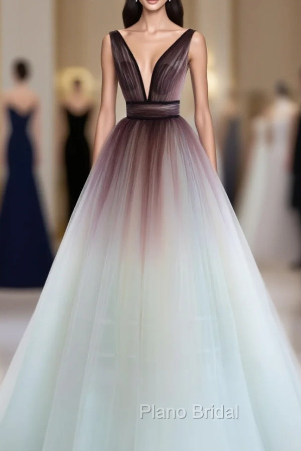 A-Line V Neck Tulle Long Brown Formal Prom Dresses, Tulle Long Evening Dresses Main image