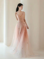 A-Line V Neck Tulle Pink Long Prom Dress, Pink Tulle Long Evening Dress