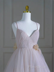 A-Line V Neck Tulle Pink Long Formal Prom Dresses, Pink Tulle Long Formal Dresses