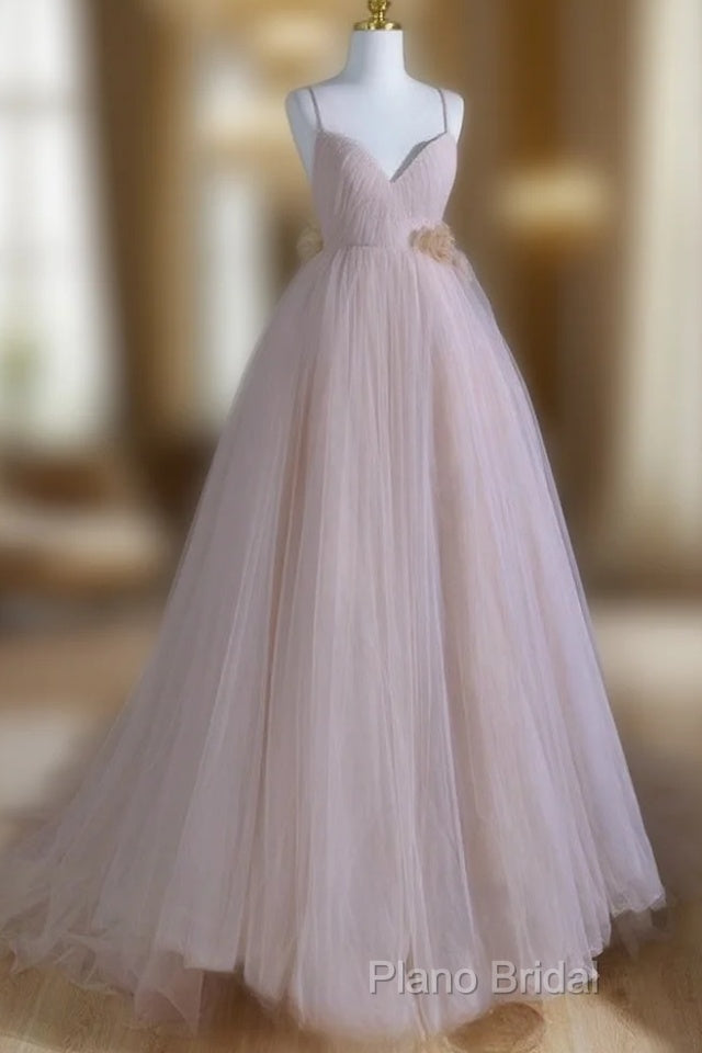 A-Line V Neck Tulle Pink Long Formal Prom Dresses, Pink Tulle Long Formal Dresses Main image