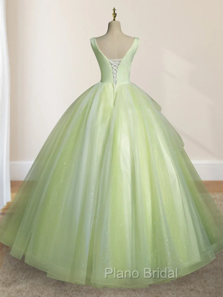 A-Line V Neck Tulle Sage Green Long Formal Prom Quinceanera Dresses Secondary image